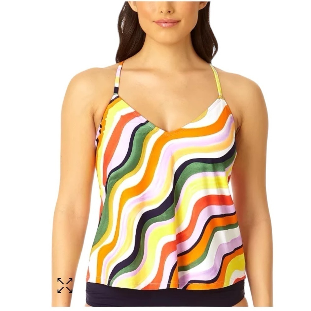 Anne Cole Orange Wave Printed Color Tankini Swim Top Criss Cross Back M NEW
